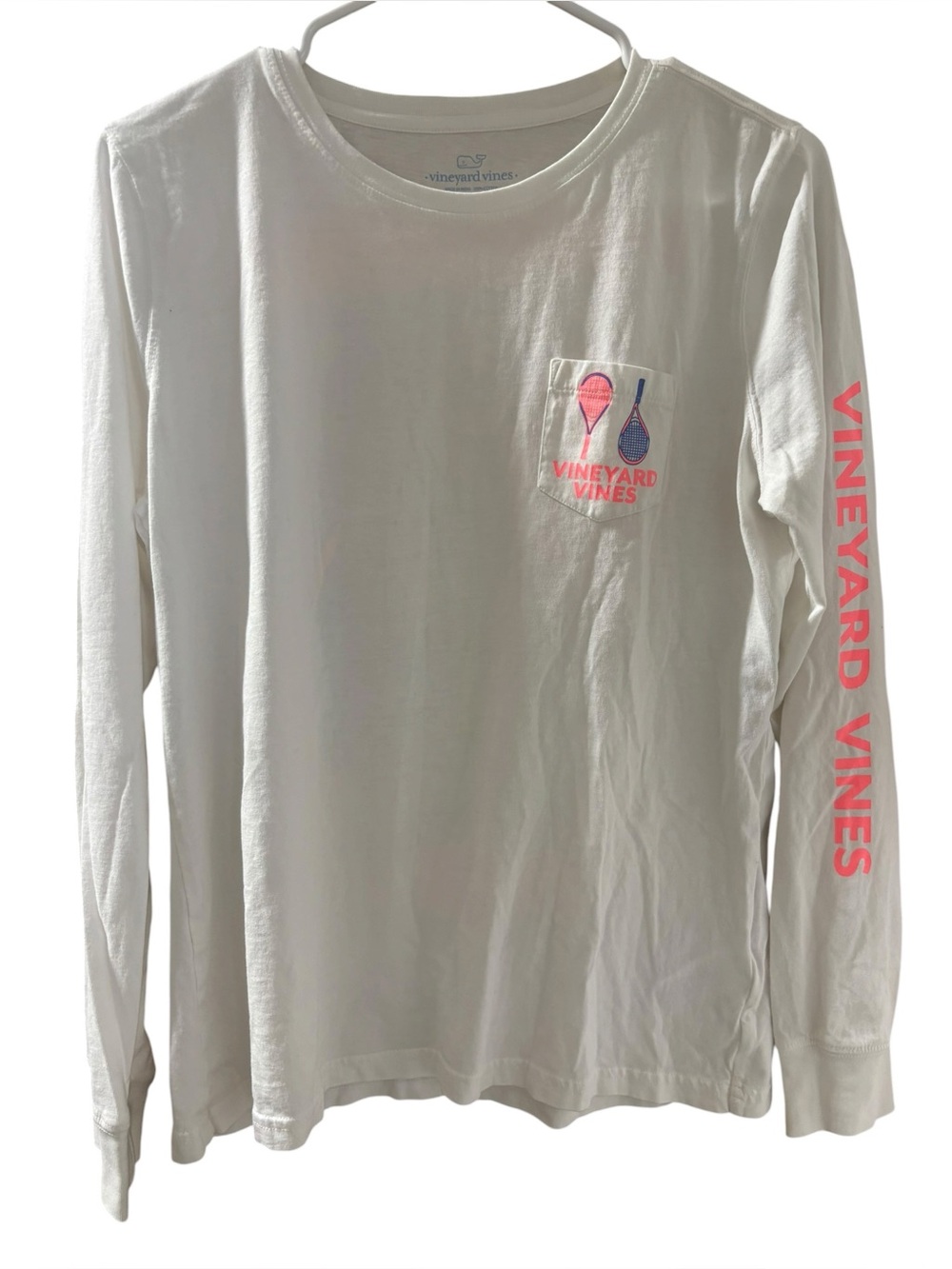 Vineyard Vines Women's White Long Sleeve Pocket Tee w Tennis Rackets Size M